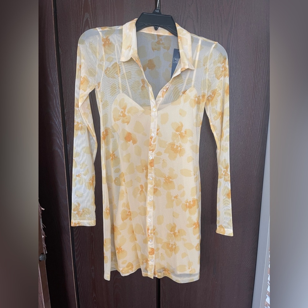 Yellow Floral Mesh Abercrombie & Fitch Long Sleeve Mini Dress